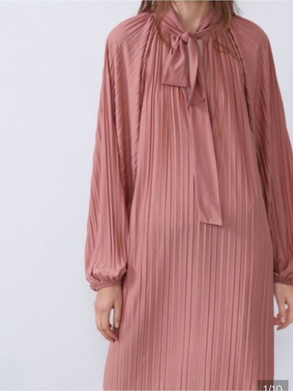 Zara - Rose Blush Pleated Long Sleeve Tie Neck Boho Mini Dress Size Small